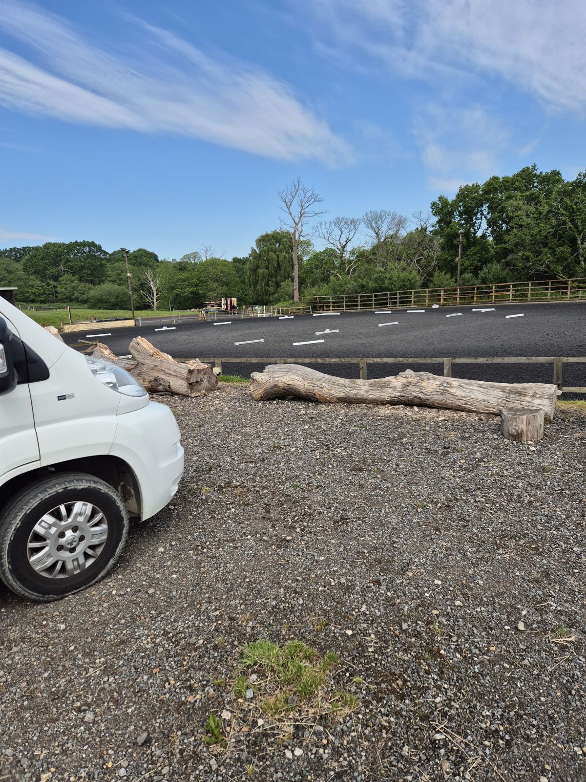 The lorry park hardstanding with log edging, the arena beyond